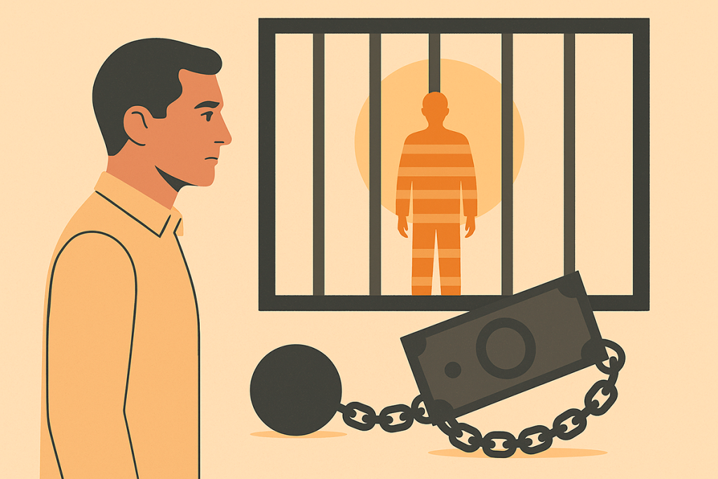 Мінімалістична ілюстрація на тему кредитної заборгованості: людина перед в’язницею, силует за гратами та банкнота в кайданах — символ відповідальності за фінансові зобов’язання.