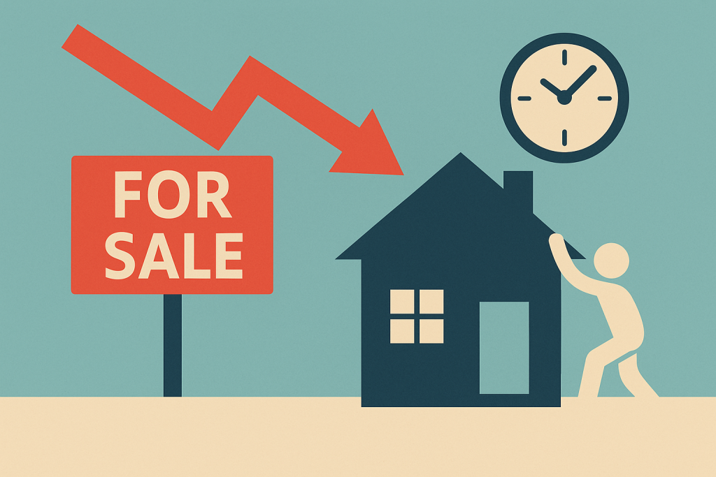 Мінімалістичне зображення, що символізує терміновий продаж нерухомості. На зображенні — будинок, людина, яка ніби намагається його втримати, табличка "FOR SALE", годинник і червона стрілка вниз, що вказує на нагальність та зниження вартості. Кольори — бірюзовий, темно-синій, бежевий і червоний — створюють стриману, ділову атмосферу.