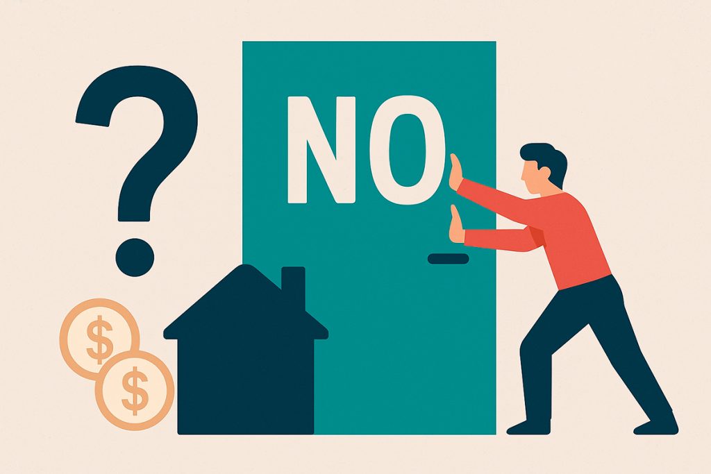 Мінімалістичне зображення, що символізує фінансову безвихідь. Чоловік намагається відчинити бірюзові двері з великим написом "NO", що символізує відмову у фінансуванні. Поруч — знак питання, монети зі знаком долара та контур будинку. Колірна гама в поєднанні бірюзового, темно-синього, червоного й бежевого підкреслює напруженість та пошук рішень у складній ситуації.