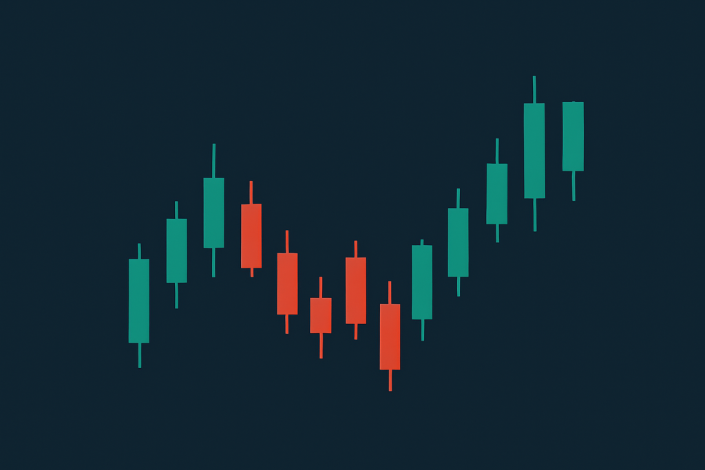 Мінімалістична ілюстрація японських свічок на темному фоні — графік для технічного аналізу криптовалют на біржі. Ідеально підходить для статей про трейдинг та інвестиції.