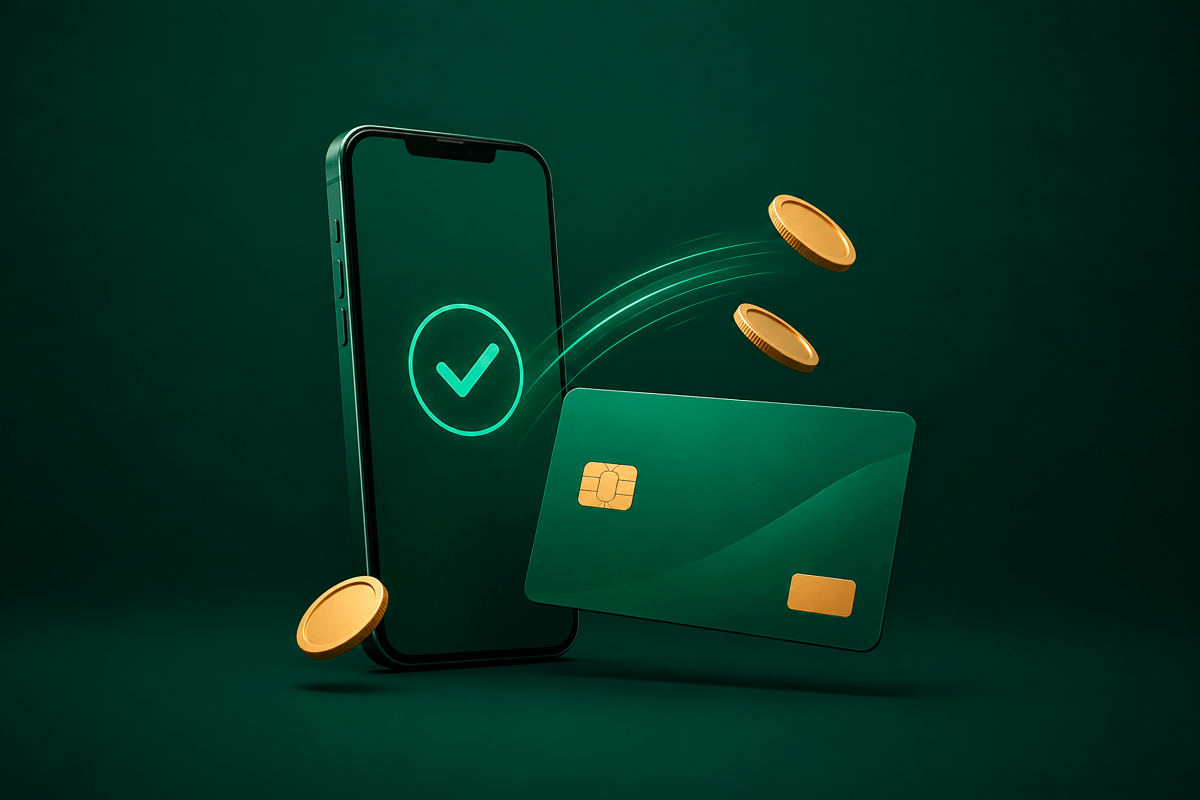 Онлайн-кредит на банківську картку: смартфон, банківська картка та монети на зеленому тлі. Мінімалістична ілюстрація до огляду ТОП-5 МФО України за липень 2026 року.